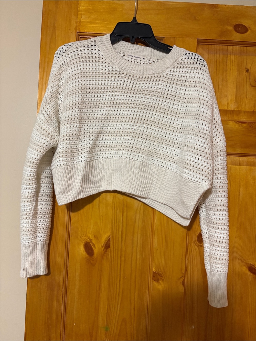moon & madison Cream Open-Knit Cropped Crewneck Sweater